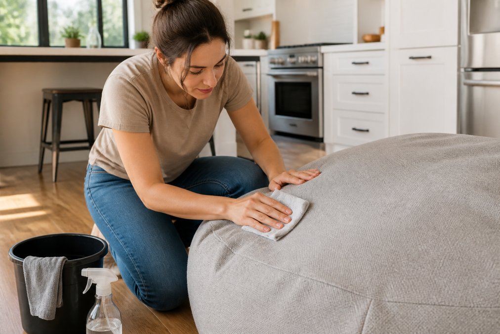Personne nettoyant délicatement une housse de pouf en tissu avec un chiffon doux et humide, montrant les gestes d'entretien appropriés dans une cuisine lumineuse avec éclairage naturel