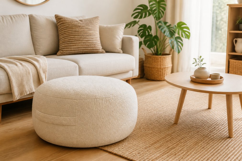 Un salon moderne et lumineux avec un pouf déhoussable en tissu bouclé crème placé près d'un canapé en lin, une plante verte et une table basse en bois clair, ambiance scandinave et cosy