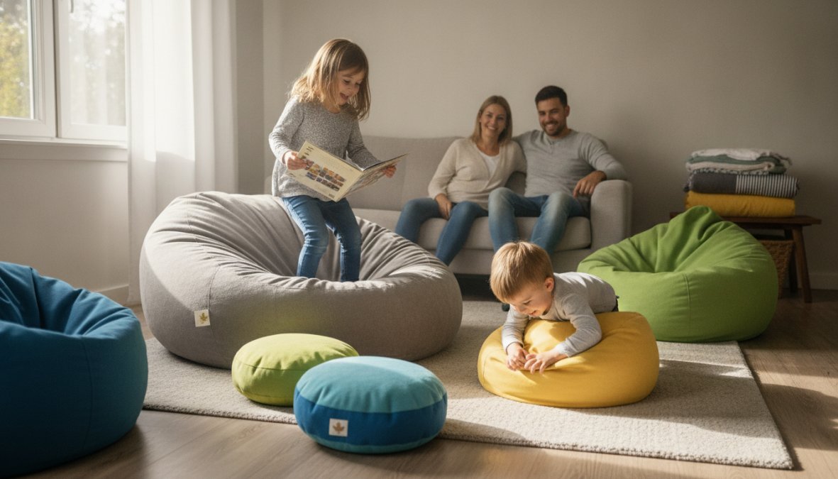 Enfants jouant confortablement autour de différents poufs déhoussables colorés dans une salle de jeux lumineuse avec fenêtres naturelles