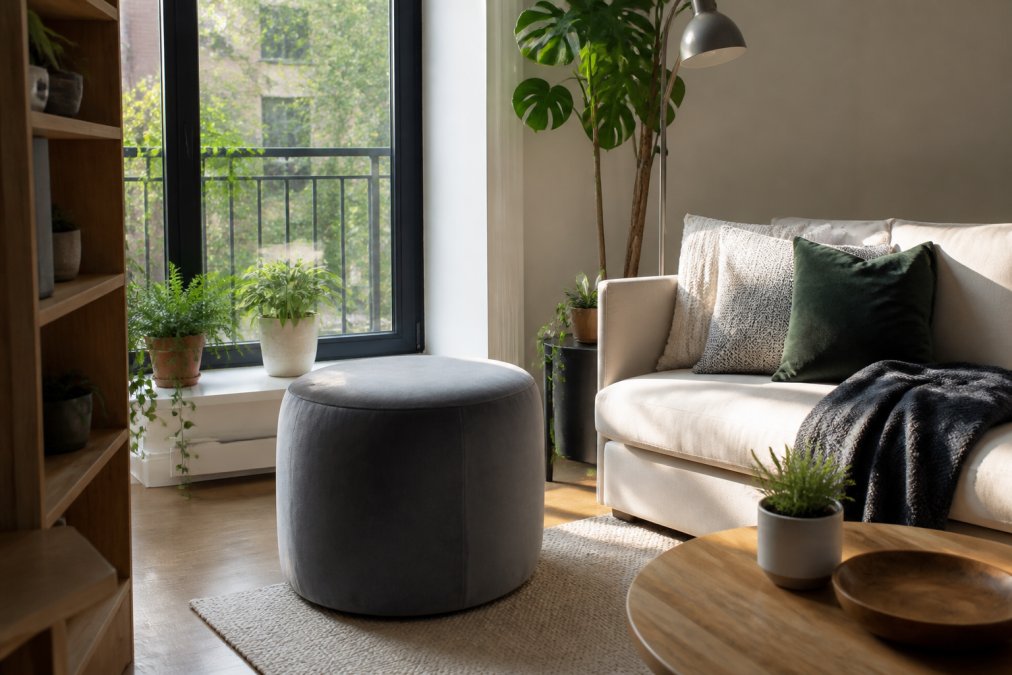 Un petit salon urbain lumineux avec un pouf design rond en velours gris placé près d'une fenêtre, créant une zone de détente confortable avec plantes vertes et décoration minimaliste