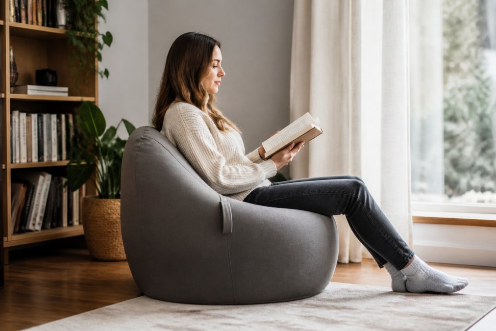 Une personne assise confortablement sur un pouf en mousse mémoire dans un coin lecture bien aménagé, montrant la posture naturelle et l'alignement du dos avec une lumière douce