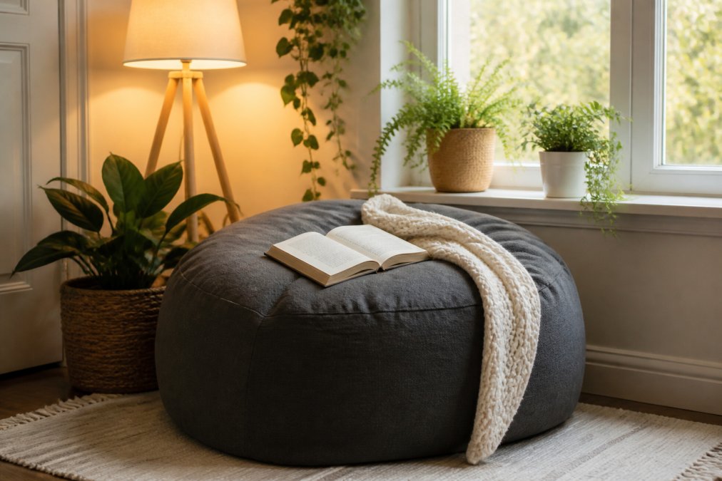 Un espace de lecture chaleureux avec un pouf en mousse mémoire, lampe douce, livre ouvert et plantes vertes créant une atmosphère accueillante avec une fenêtre laissant passer la lumière naturelle