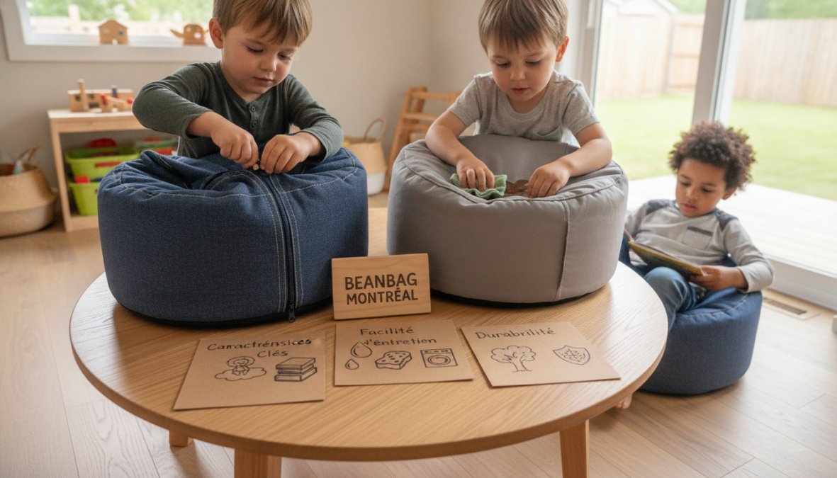 Enfants de différents âges assis confortablement sur des poufs colorés dans une salle de jeux lumineuse, montrant la variété des tailles et designs disponibles