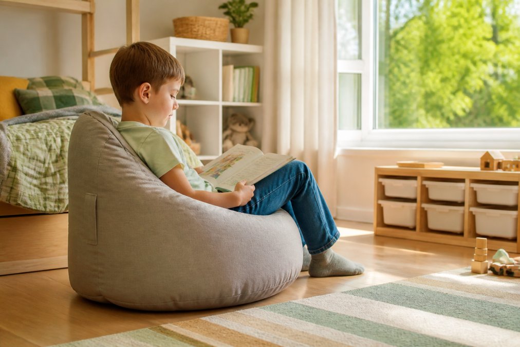 Child sitting comfortably in an ergonomic pouf, demonstrating natural posture and back support in a bright, decorated bedroom with natural daylight