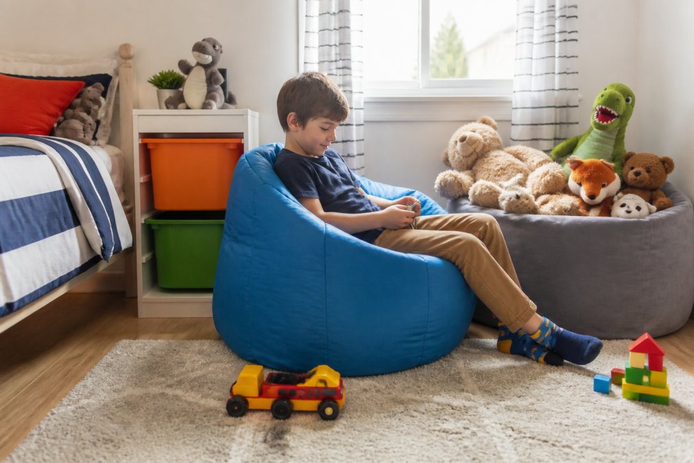 Enfant assis confortablement sur un pouf sac coloré dans une chambre bien organisée, avec des peluches rangées à proximité et des jouets disposés autour