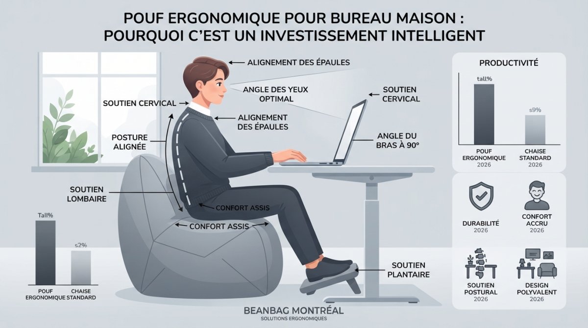 Un professionnel assis confortablement sur un pouf ergonomique à son bureau à domicile, travaillant sur un ordinateur portable avec une posture alignée et une fenêtre naturelle en arrière-plan