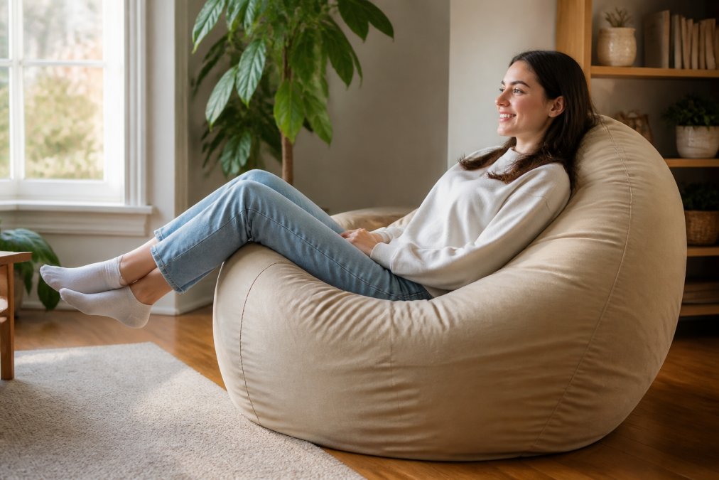 Une jeune femme souriante assise dans un grand pouf beige dans un salon lumineux, les genoux légèrement surélevés et le dos confortablement appuyé contre le dossier rembourré, lumière naturelle traversant une fenêtre