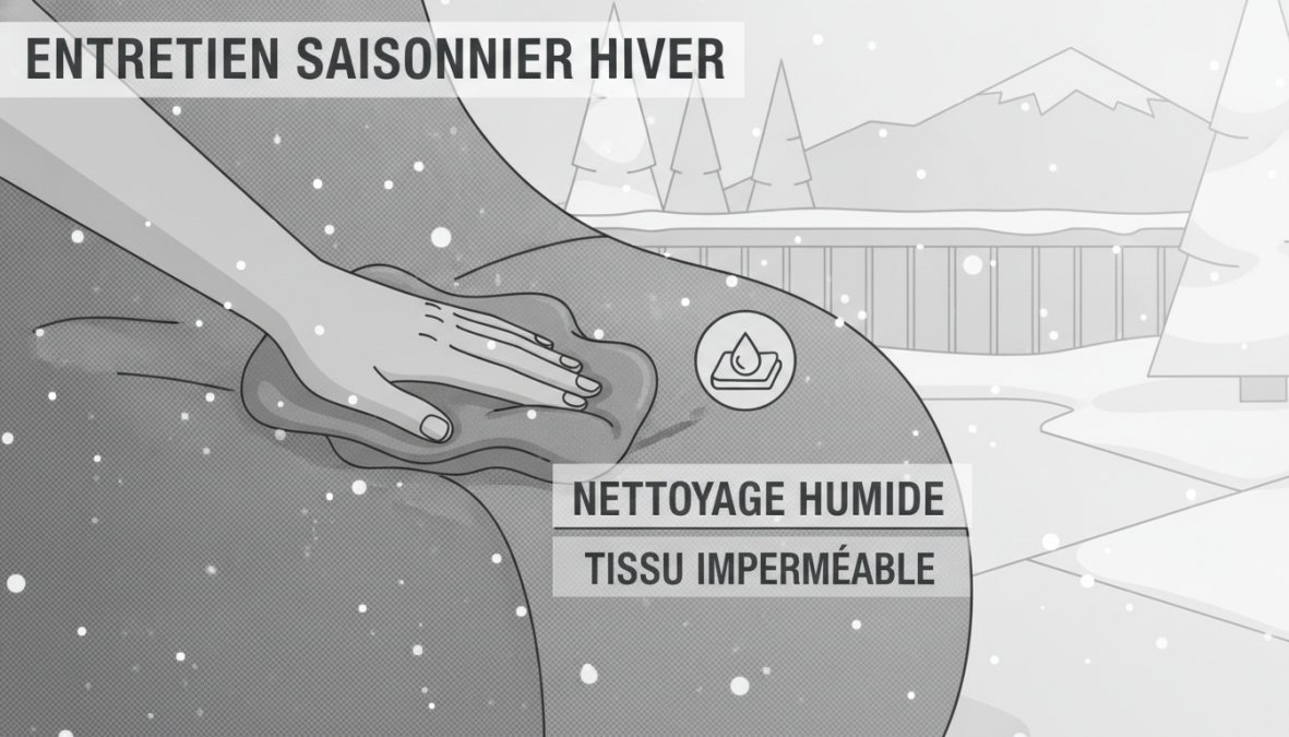 Gros plan de mains nettoyant un pouf extérieur imperméable avec un chiffon humide sur une terrasse enneigée du Québec, montrant le contraste entre le pouf coloré et le paysage hivernal