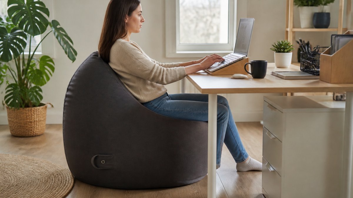 Personne travaillant sur un pouf géant ergonomique pour télétravail avec une posture dorsale optimale au bureau.