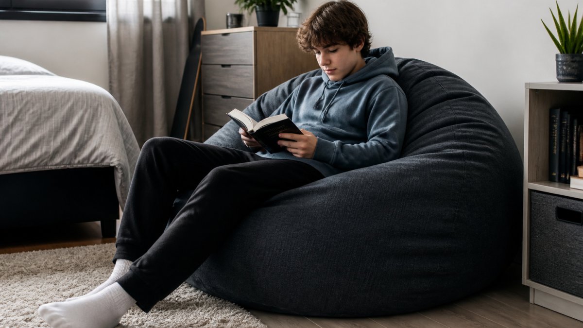 Un adolescent assis confortablement sur un pouf géant dans une chambre moderne, lisant un livre ou regardant son téléphone, avec un style de vie décontracté et détente