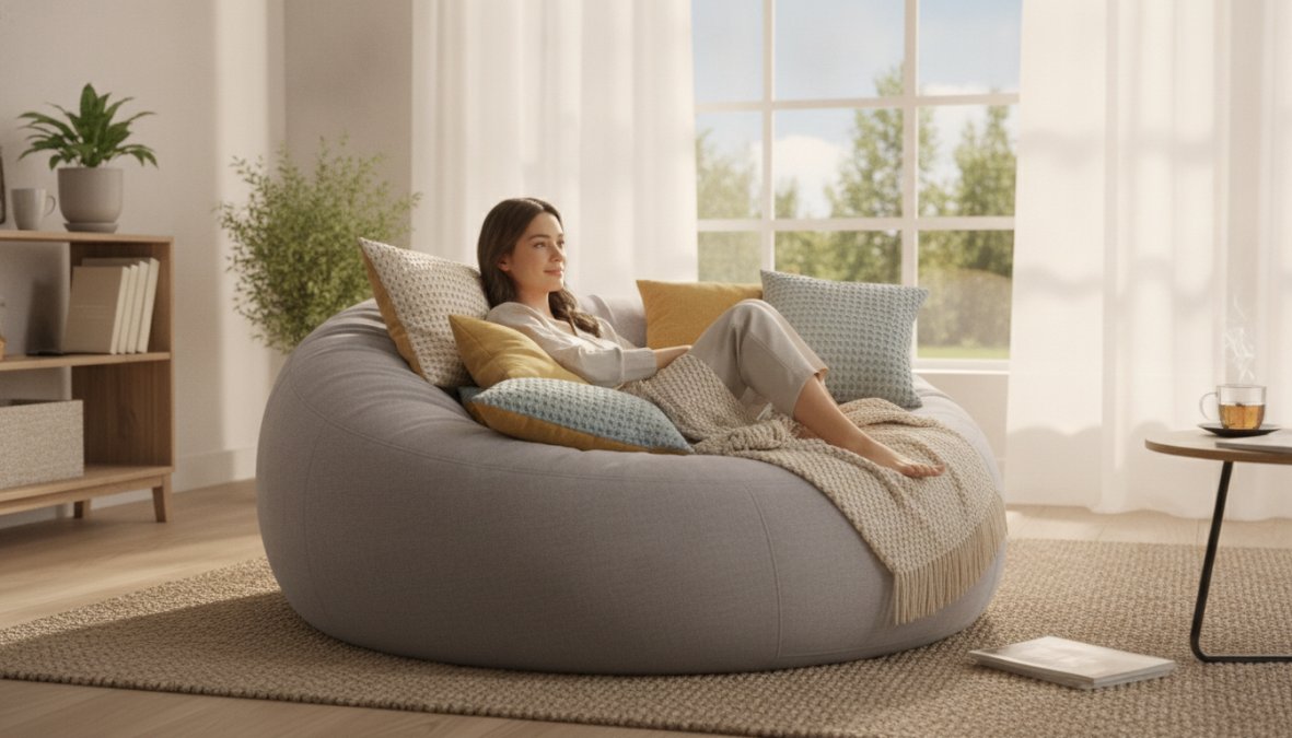 Une personne détente confortablement assise sur un pouf géant XXL dans un salon lumineux, avec des coussins autour et une ambiance cocooning