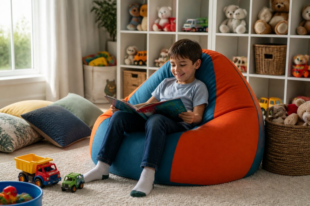 Un enfant assis confortablement sur un pouf géant coloré dans une salle de jeux lumineuse, entouré de jouets et de coussins, souriant et lisant un livre