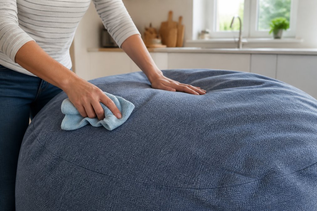 Gros plan des mains nettoyant une housse de pouf avec un chiffon humide et doux, montrant la facilité d'entretien pratique dans une cuisine lumineuse