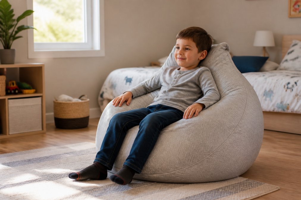 Enfant assis confortablement dans un pouf poire, adoptant une bonne posture, dans une chambre lumineuse avec lumière naturelle