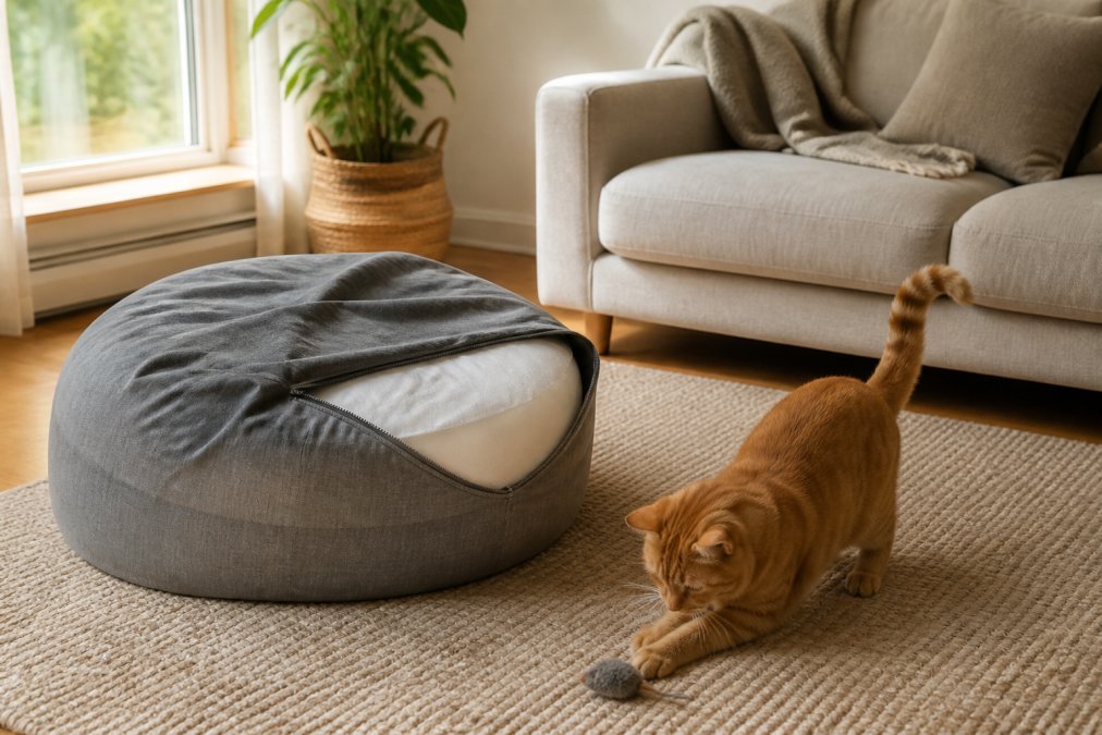 Salon lumineux avec un pouf de qualité recouvert d'une housse amovible en microfibre gris, un chat roux jouant à proximité, la housse partiellement retirée montrant le remplissage en dessous, environnement confortable et bien aménagé