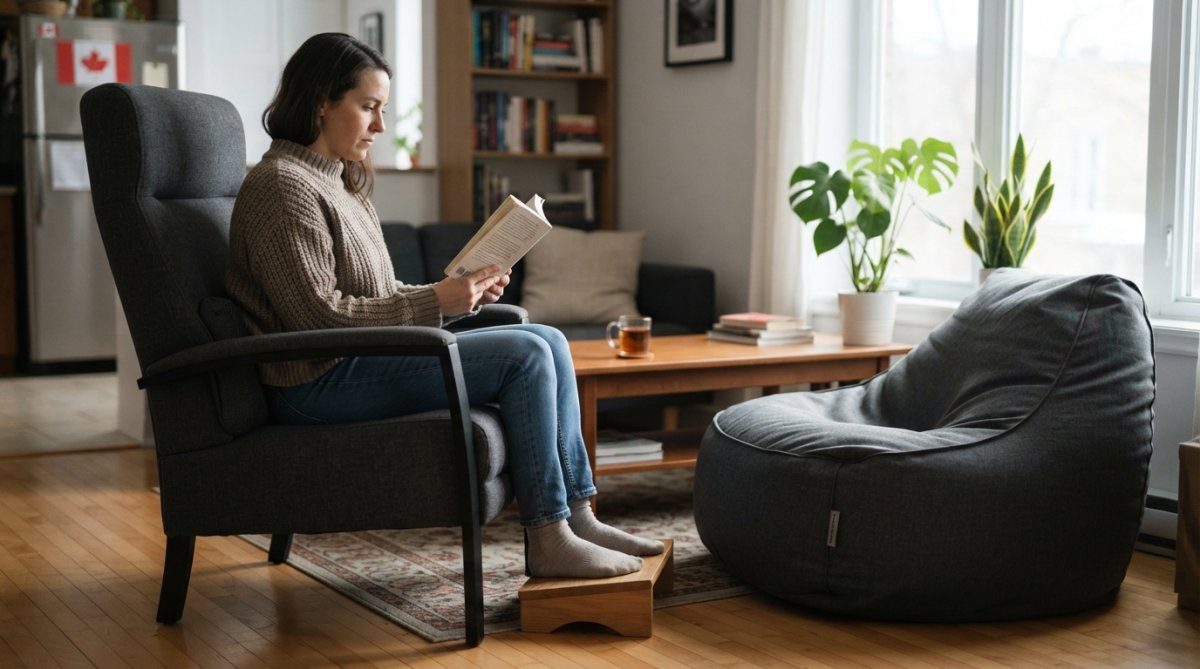 Personne assise dans un pouf ergonomique avec une posture correcte, vue de profil montrant l'alignement de la colonne vertébrale et le soutien lombaire, dans un environnement de travail à domicile avec lumière naturelle