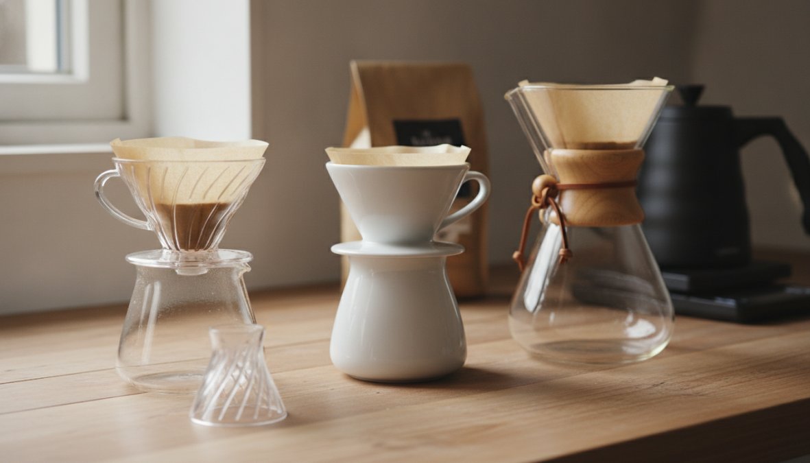 Close-up overhead view of four different pour-over drippers arranged on a wooden surface: Hario V60 cone dripper with spiral ridges, Chemex hourglass-shaped glass vessel, Kalita Wave flat-bottomed dripper, and Clever Dripper plastic immersion cone, with coffee beans scattered nearby and a gooseneck kettle in the background