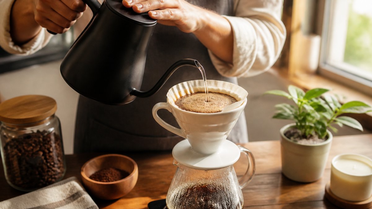Professional barista pouring hot water in a steady spiral pattern over coffee grounds in a white ceramic pour-over dripper, with water flowing evenly across the entire coffee bed, morning sunlight streaming through a kitchen window