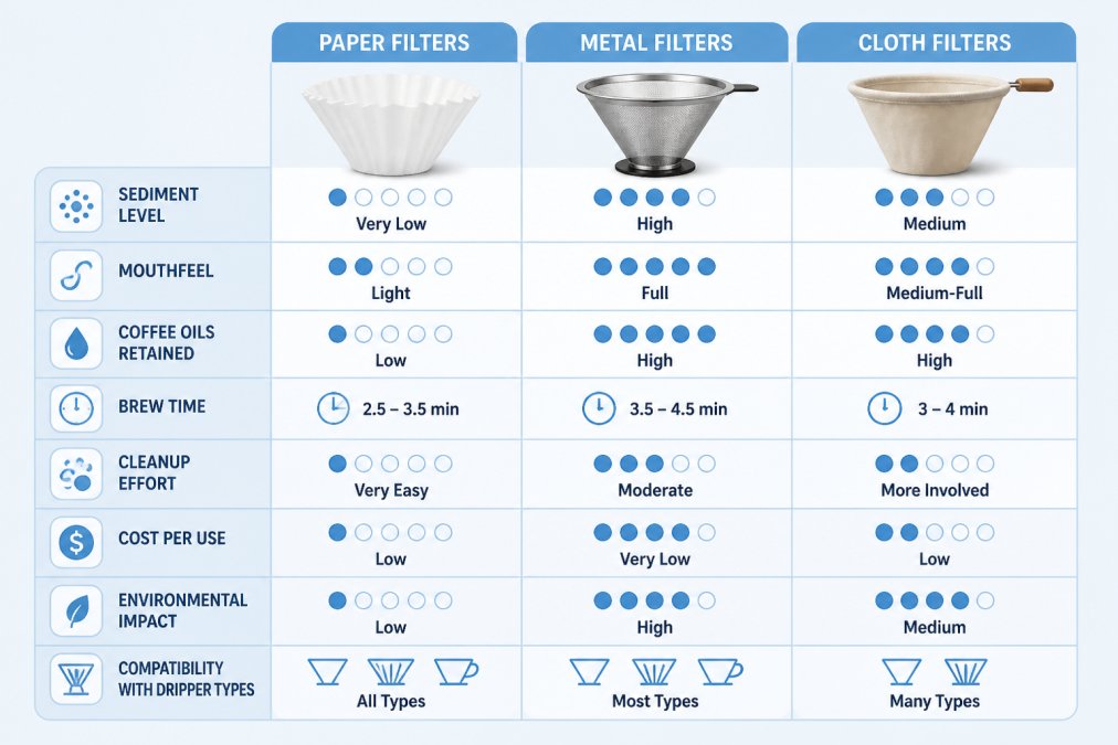 Comparison matrix showing Paper filters vs Metal filters vs Cloth filters across dimensions: sediment level, mouthfeel, coffee oils retained, brew time, cleanup effort, cost per use, environmental impact, and compatibility with dripper types