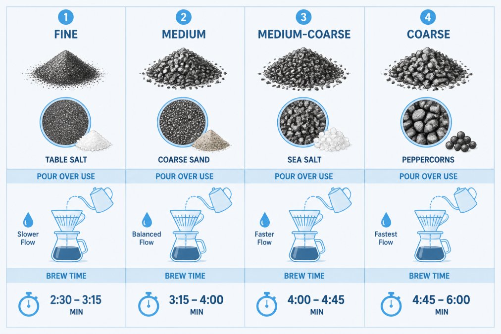 Side-by-side pencil sketch comparing four coffee grind particle sizes labeled fine (table salt), medium (coarse sand), medium-coarse (sea salt), coarse (peppercorns), each with its pour over use case and brew time range