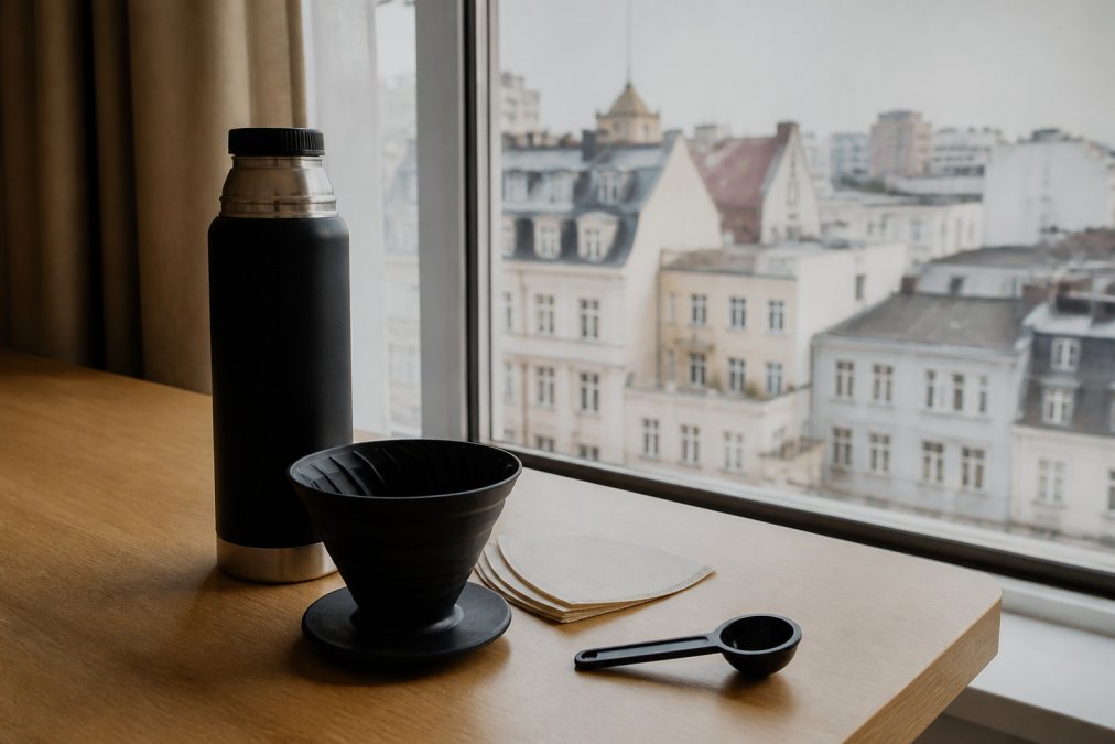 Minimalistisk pour-over rejseudstyr lagt ud på et hotelværelses skrivebord: en sammenfoldelig kaffetragt, papirfiltre, en lille måleskje og en termos, med udsigt over bykvarterene uden for vinduet