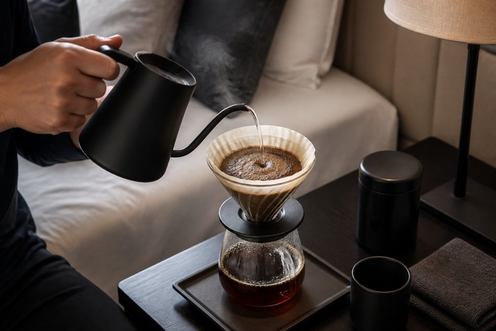 Hænder udfører cirkulær hældeteknik over en pour-over kaffetragt på et hotelværelses natbord, med damp stigende og vand flydende i kontrolleret spiral over kaffegrumsen