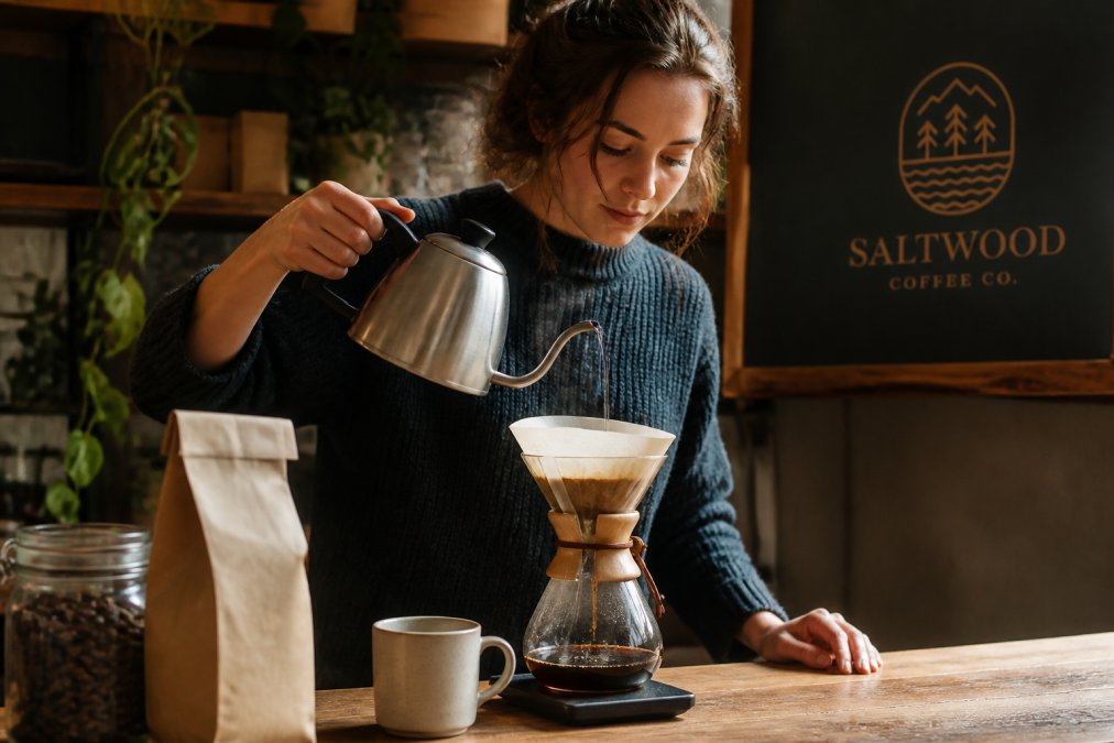 Slowly pouring hot water from a gooseneck kettle over fresh coffee grounds in a dripper on a wooden counter