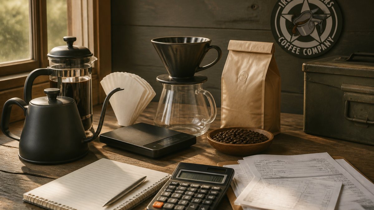 French press, pour over dripper, and coffee gear on a kitchen counter in morning sunlight