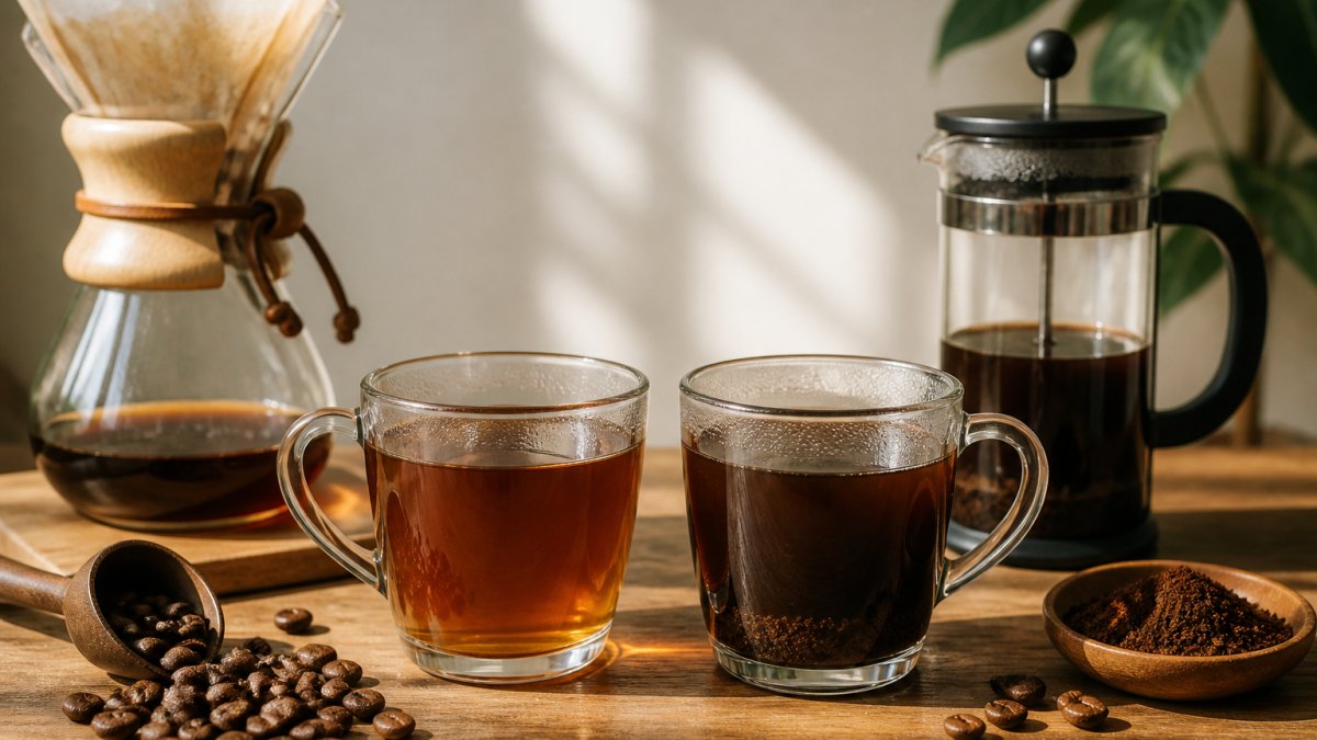 Clear pour-over coffee next to opaque French press coffee with sediment on a wooden table with scattered beans.