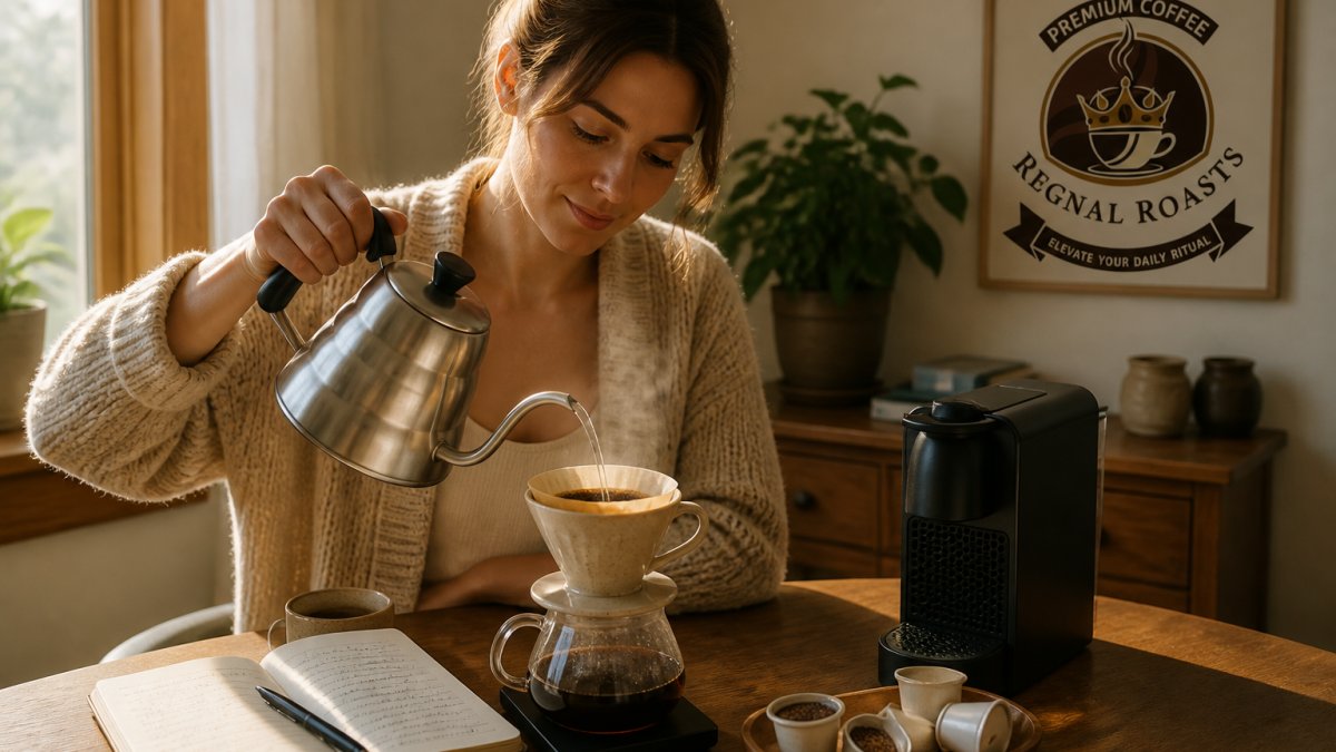 Hands pouring hot water over coffee grounds in a ceramic dripper during a mindful morning journal session