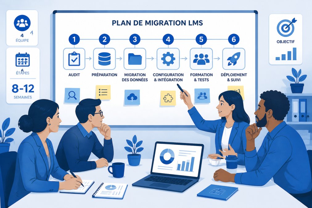 Une équipe de formateurs et responsables RH réunis autour d'une table discutant d'un plan de migration sur un tableau blanc, avec des notes adhésives et un ordinateur portable visible