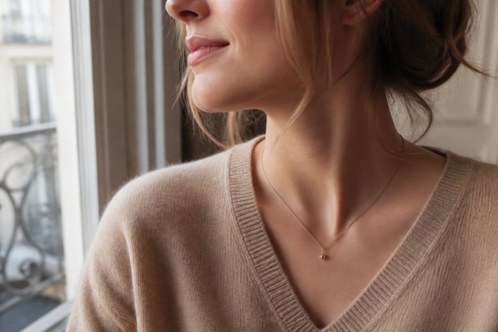 Collana sottile placcata oro su un maglione di cashmere beige, che illustra perché scegliere gioielli placcati oro eleganti.