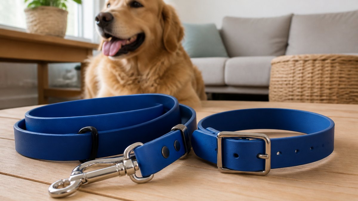 Laisse et collier en Biothane bleu posés sur un support en bois avec un chien flou en arrière-plan