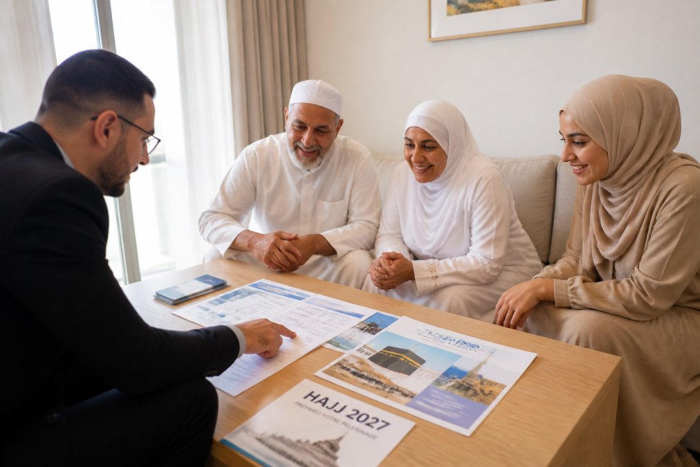 Un groupe de pèlerins souriants dans un salon lumineux, discutant avec un conseiller qui leur montre des documents de voyage étalés sur une table en bois clair
