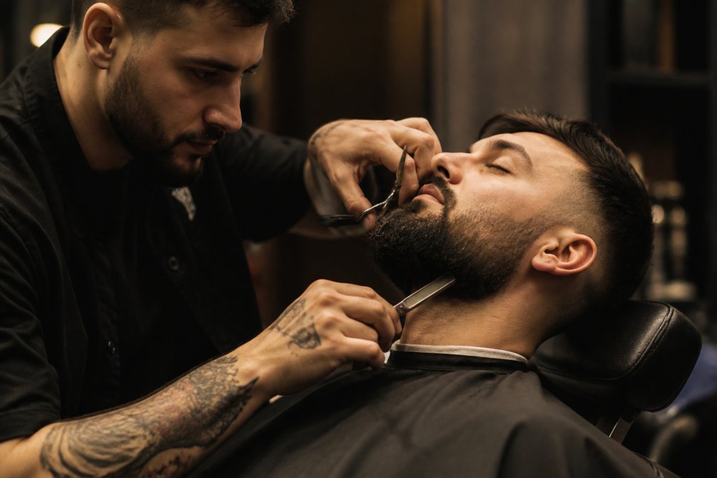 Professional barber using precision scissors and straight razor on client's hair and beard with focused concentration and proper technique, warm barbershop lighting