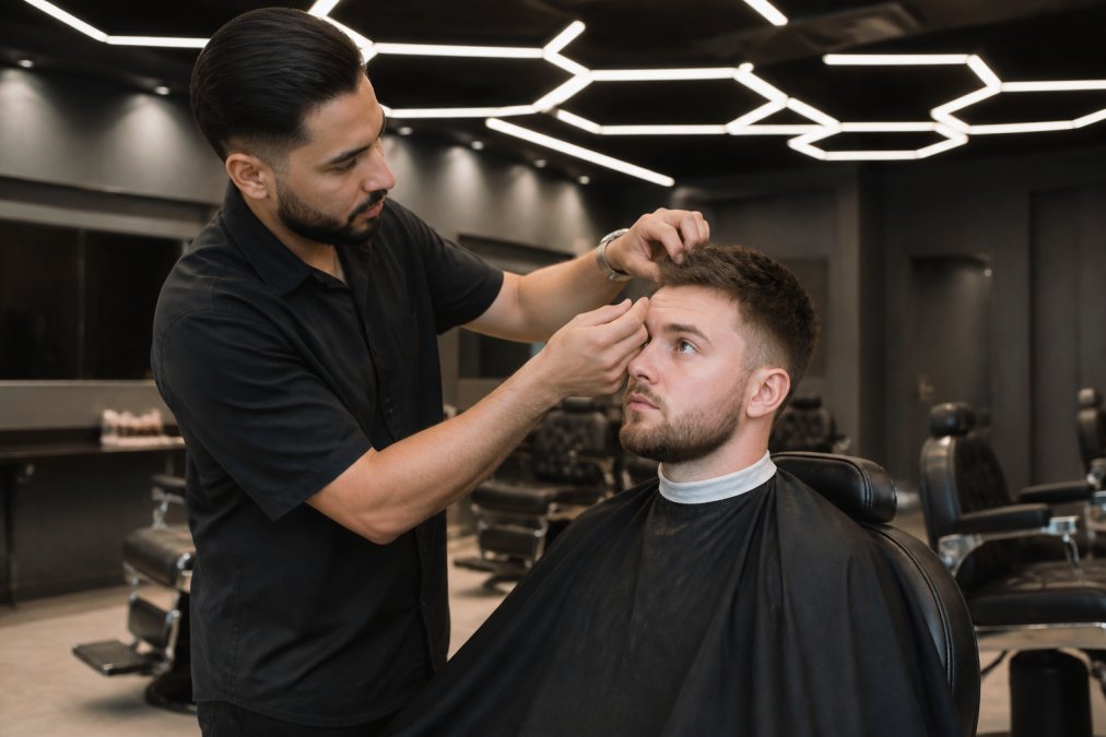 Barbier professionnel examinant attentivement la structure capillaire d'un client sous un éclairage hexagonal distinctif dans un salon fraîchement rénové, avec chaises de luxe en arrière-plan
