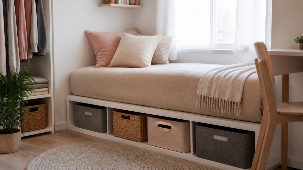 Chambre compacte avec un lit avec rangement intégré, montrant l'espace libéré et un environnement organisé avec des boîtes de rangement discrètement placées sous le lit