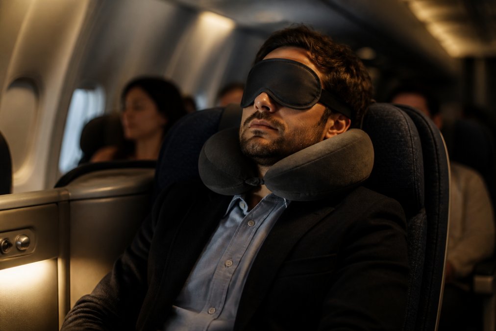 Voyageur d'affaires utilisant des accessoires voyage premium pour se reposer confortablement en avion.