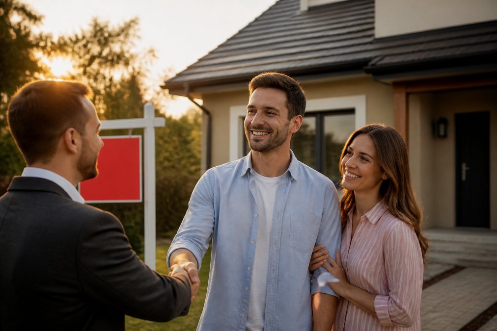 Un couple souriant serrant la main d'un agent immobilier devant une maison avec un panneau "vendu", lumière dorée de fin d'après-midi