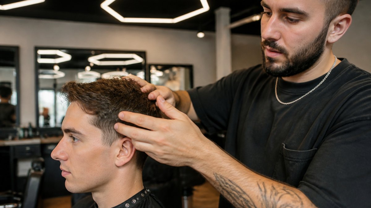 A close-up of a barber's hands applying a small amount of styling product to short fine hair, in a modern salon with distinctive hexagonal lighting in the background