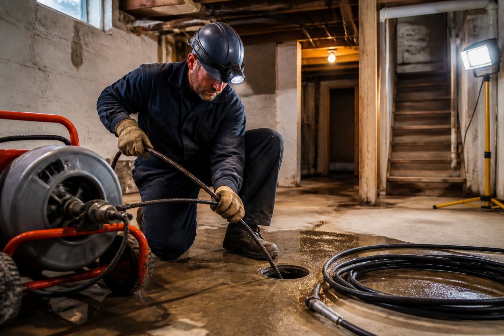 Technicien en plomberie utilisant une sonde industrielle rotative dans un drain de sous-sol résidentiel, casque et gants de protection, boyau haute pression visible au sol, éclairage de chantier