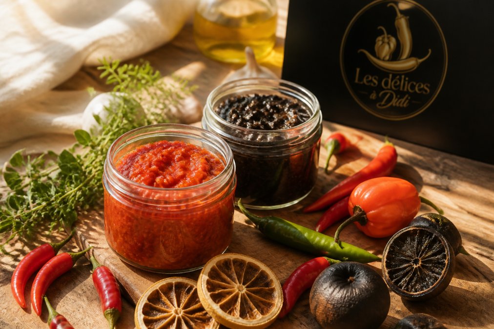 Close-up of artisanal condiment jars displaying vibrant colors of red habanero paste and black lemon paste, surrounded by fresh chili peppers, dried citrus slices, and aromatic herbs on a rustic wooden surface with warm natural sunlight streaming across