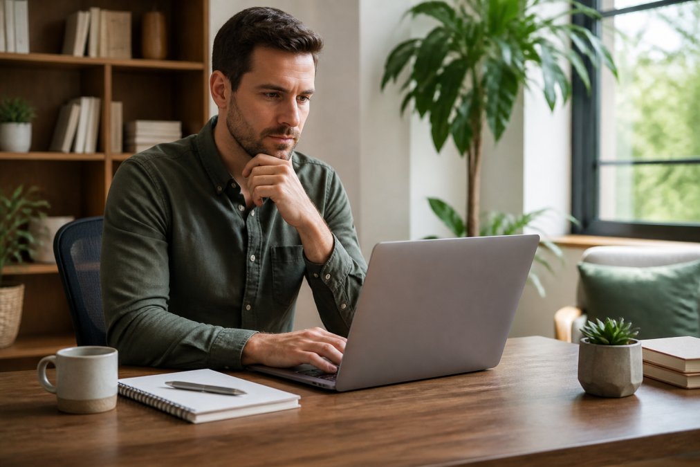 Un coach indépendant travaillant sur son ordinateur portable dans un bureau lumineux, consultant un tableau de bord de suivi client avec des graphiques visibles à l'écran, carnet et café à côté