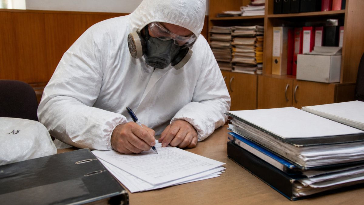 Certifikovaný pracovník v ochranném obleku a respirátoru podepisuje oznámení o práci s azbestem u stolu v kanceláři, na stole leží formuláře a desky s dokumentací