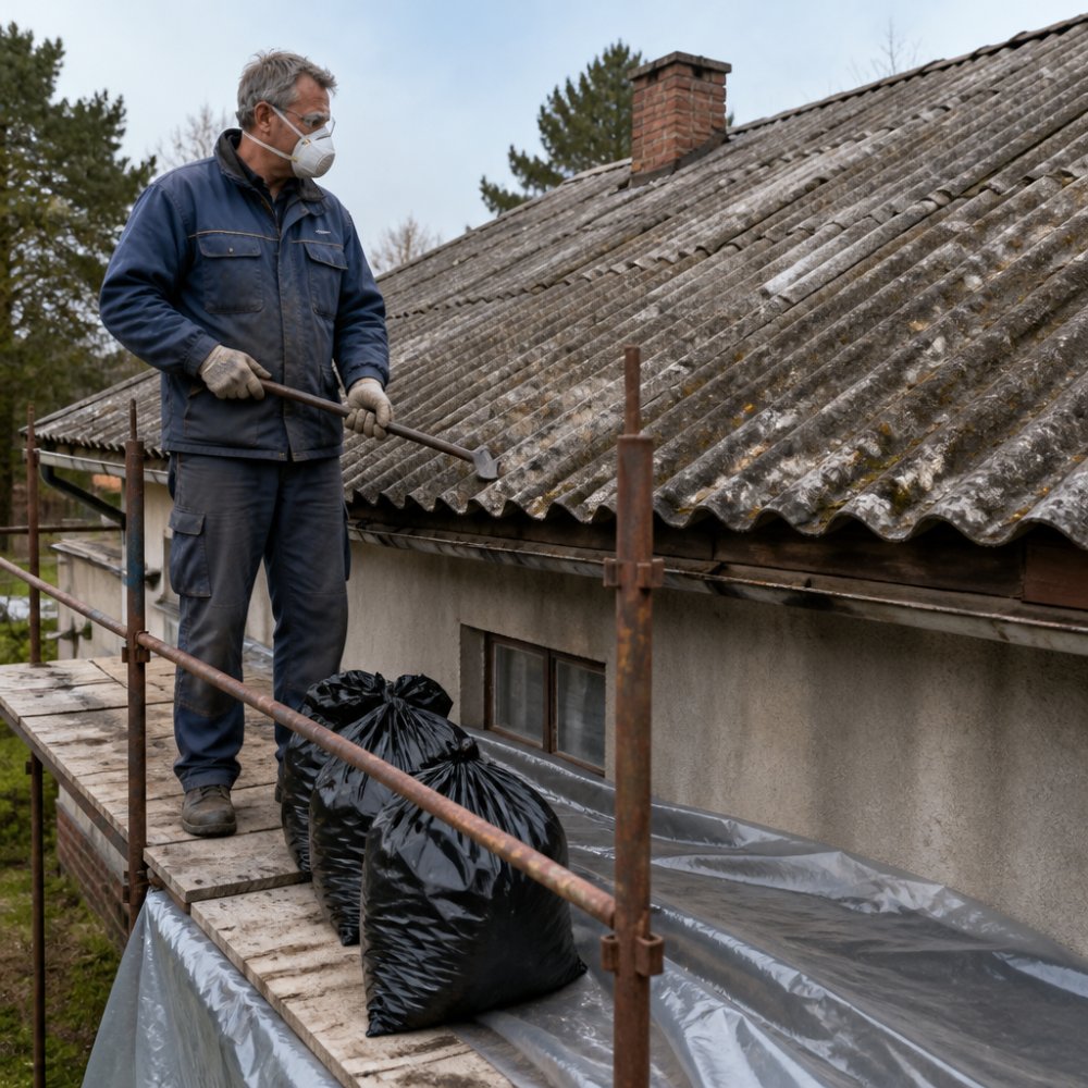 Muž ve starší pracovní bundě a respirátoru stojí na lešení u dožilé eternitové střechy rodinného domu, v ruce drží páčidlo, kolem jsou položené pevné plastové pytle a plachta na zemi