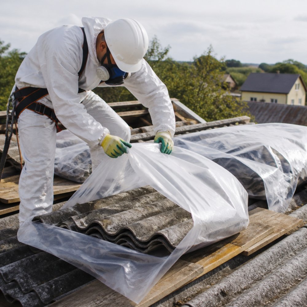 Certifikovaný pracovník v ochranném oblečení a respirátoru balící azbestový materiál do označené plastové fólie na stavbě