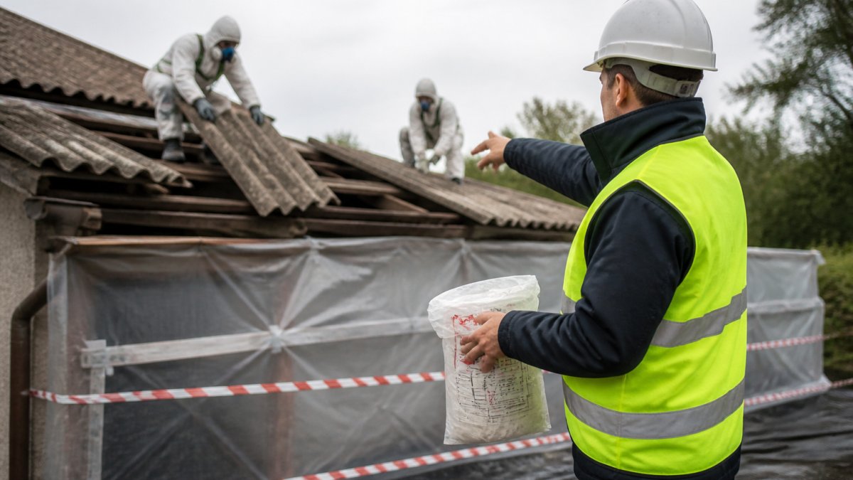 Professional demonstrating povolení pro odstranění azbestové střechy technique with certified workers in protective suits and respirators performing safe asbestos roof removal with visible hazard marking