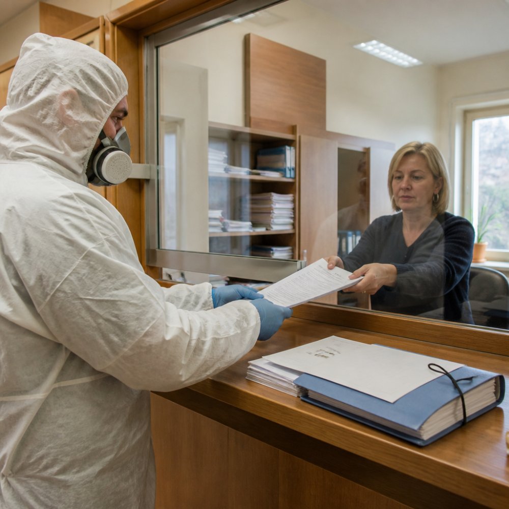 Pracovník v ochranném obleku podává úřednici žádost o povolení pro sanaci azbestu na hygienické stanici.
