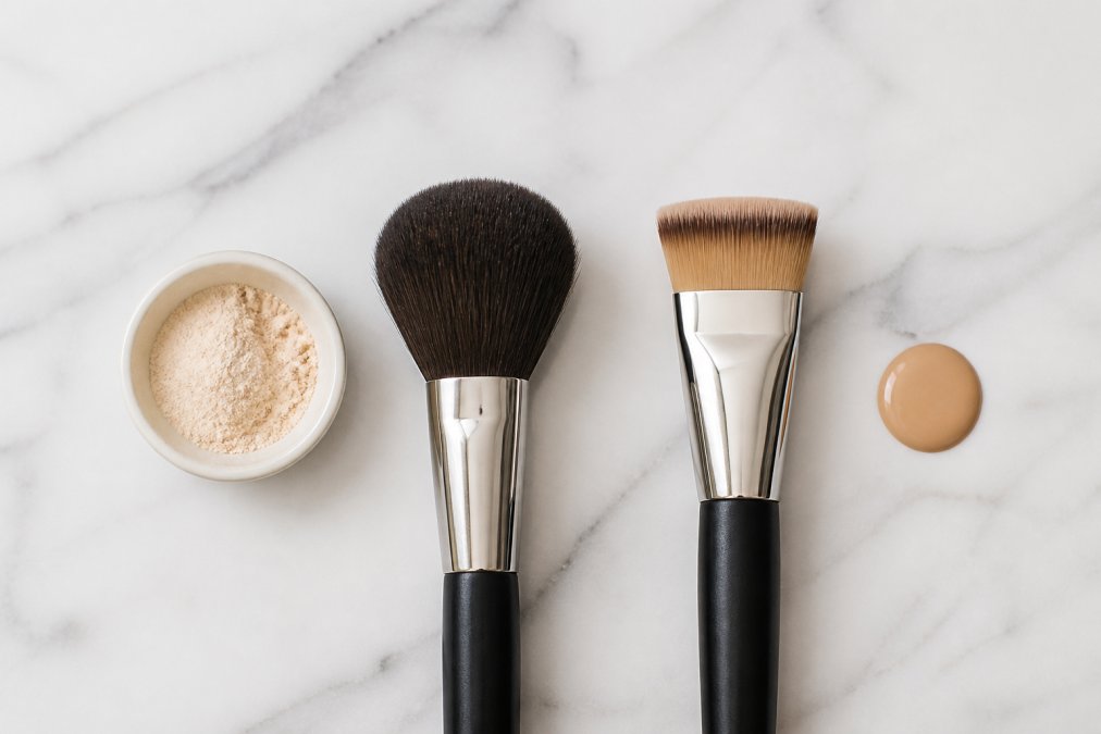 Diagram comparing a fluffy powder brush and a dense flat-top foundation brush for liquid and powder application.
