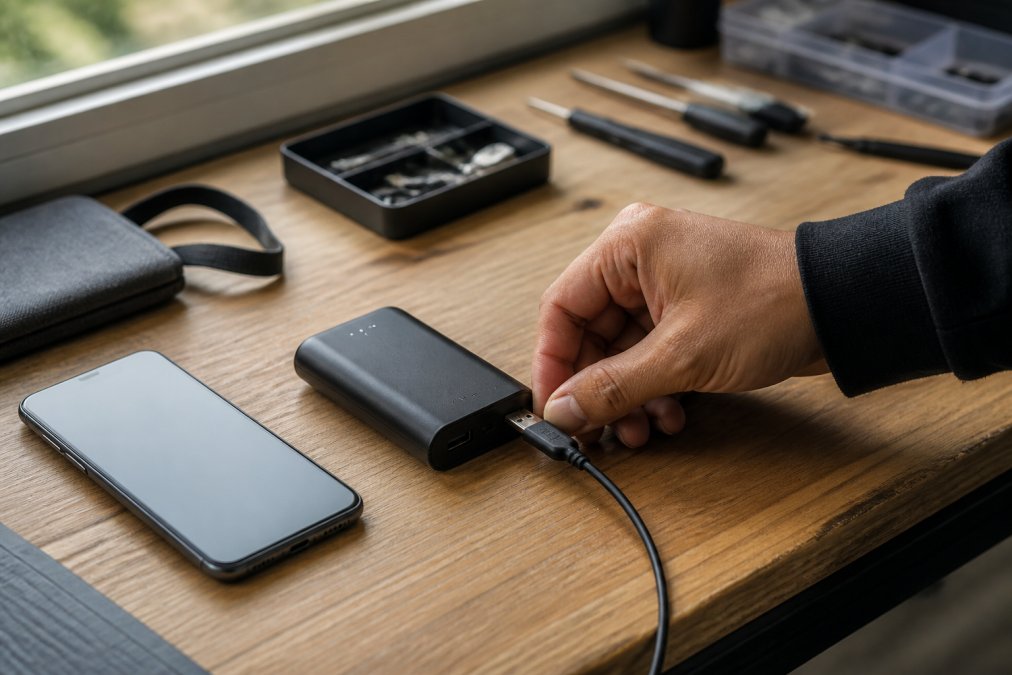 A person plugging a USB-C cable into a compact power bank resting on a wooden desk beside a smartphone, with soft natural window light